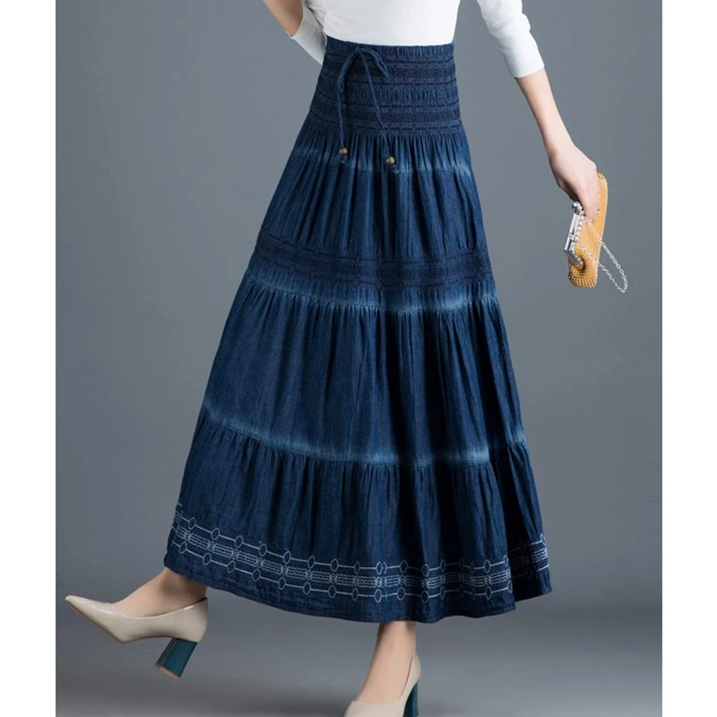 Women Vintage Long Skirt Denim Blue Casual Printing Tie-up High Waist Large Swing A-line Skirts Female Summer Spring 2022 New
Women Vintage Long Skirt Denim Blue Casual Printing Tie-up High Waist Large Swing A-line Skirts Female Summer Spring 2022 New