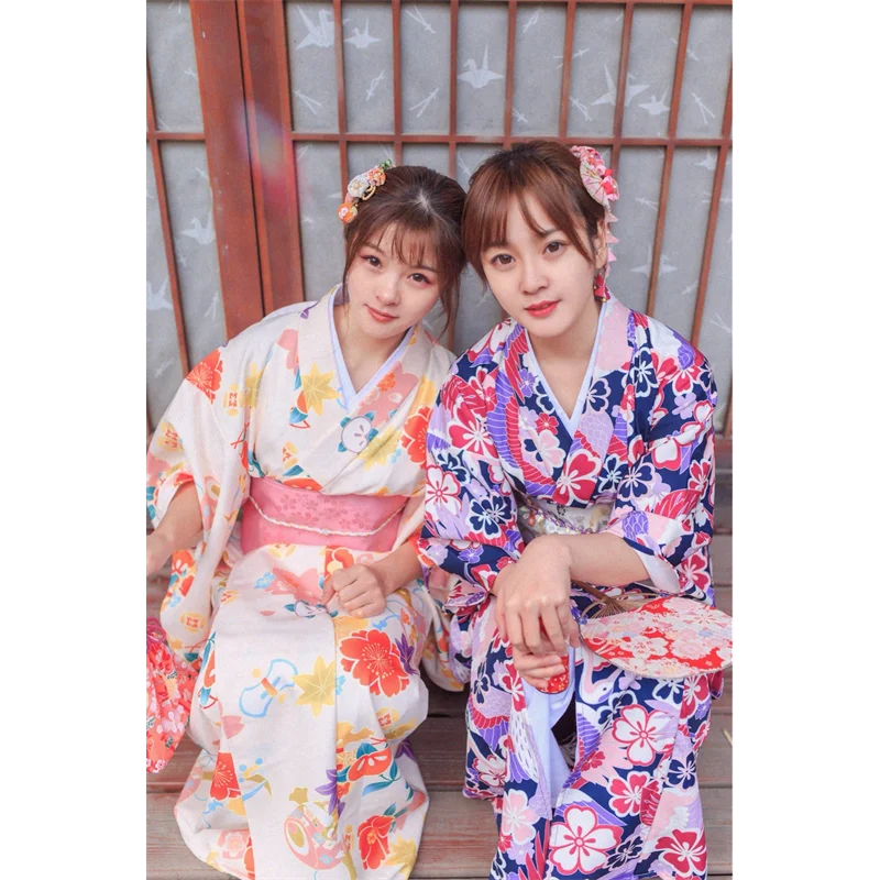 

New Japanese Women's Yukata Kimono with Obi Clogs Full Set Cherry Blossom Print Asian Traditional Travel Geisha Cosplay Clothing