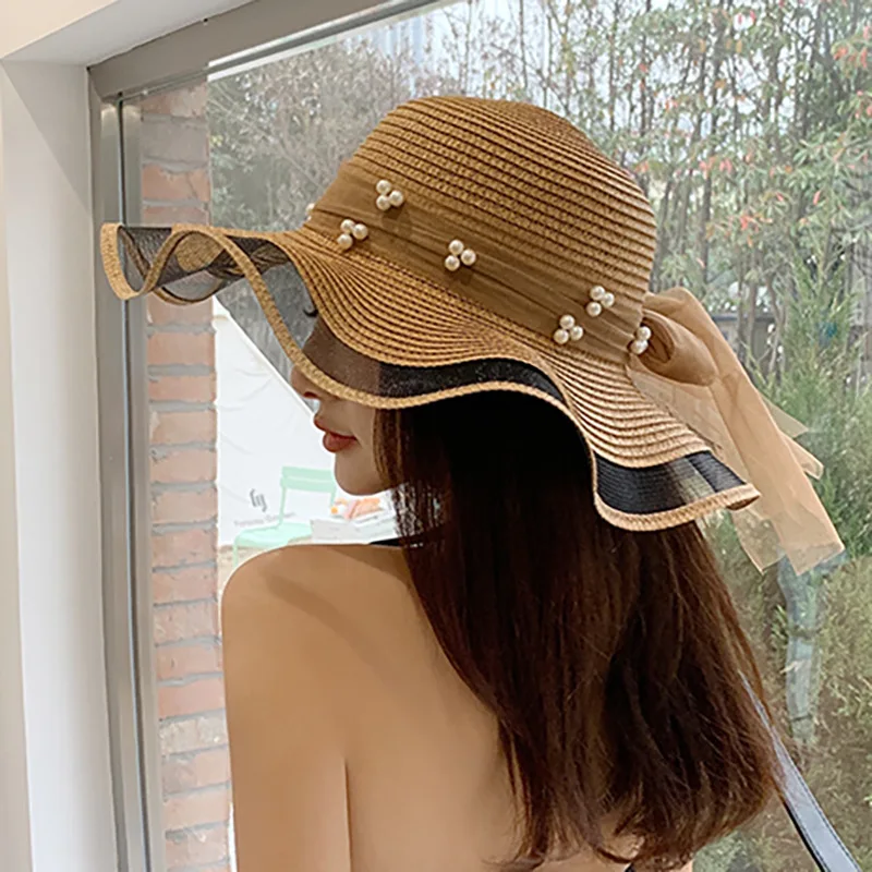 Hats For Women Summer hat women's big wave straw hat bow ribbon beach hat lace edge pearl big brim sun hat
Hats For Women Summer hat women's big wave straw hat bow ribbon beach hat lace edge pearl big brim sun hat