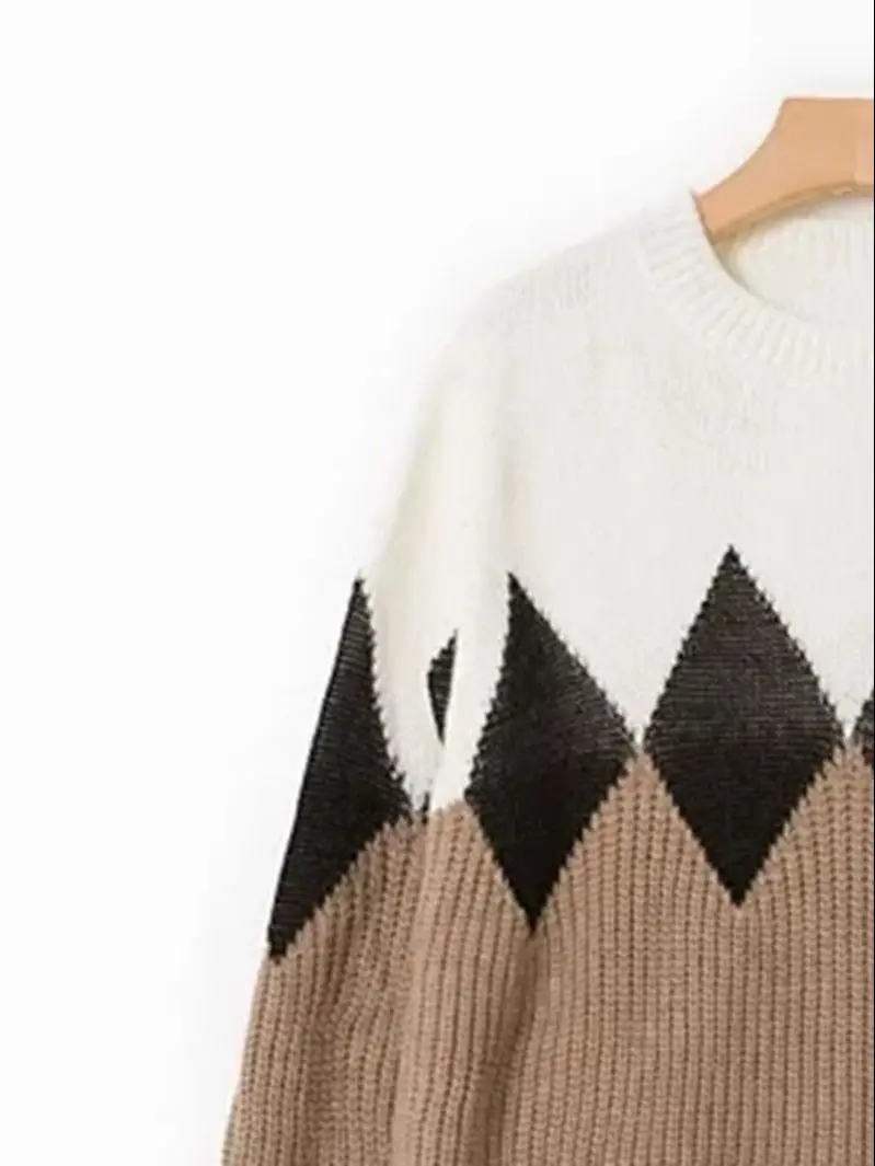 

Women Sweater Argyle Patchwork Loose Fit Long Sleeve Simple O-neck Jumper Splicing Vintage Spring