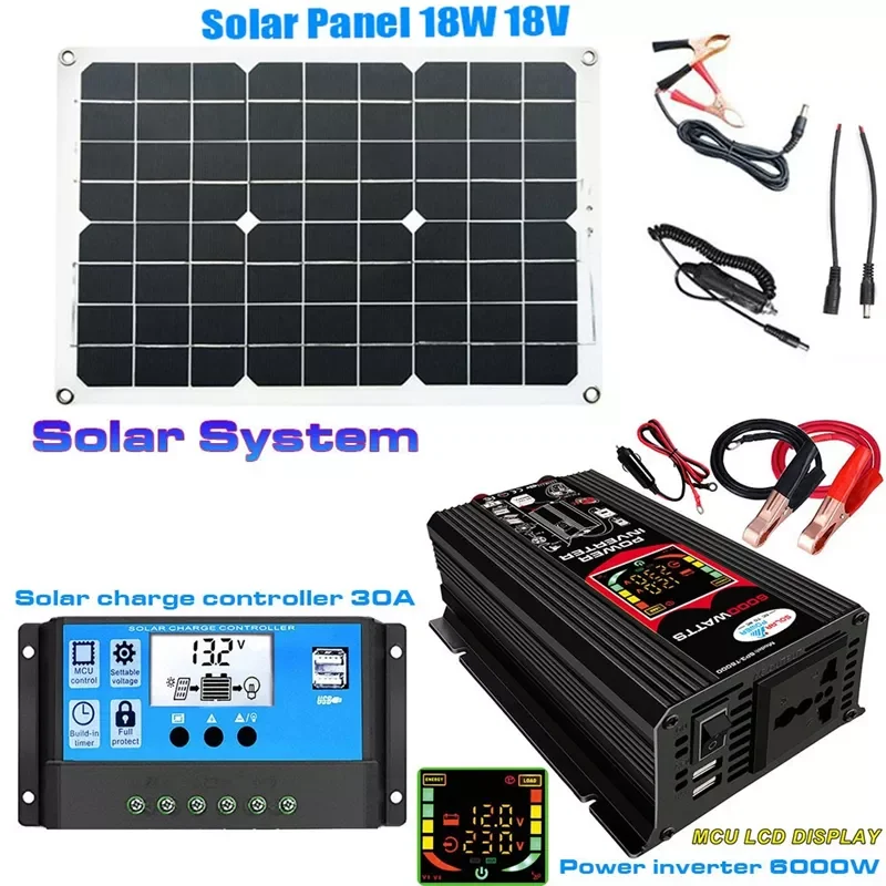 NEW2023 6000W Solar Inverter 18V18W Solar Panel Solar Power System Battery Charger Complete Kit Solar Controller 30A Car Van Boa
NEW2023 6000W Solar Inverter 18V18W Solar Panel Solar Power System Battery Charger Complete Kit Solar Controller 30A Car Van Boa