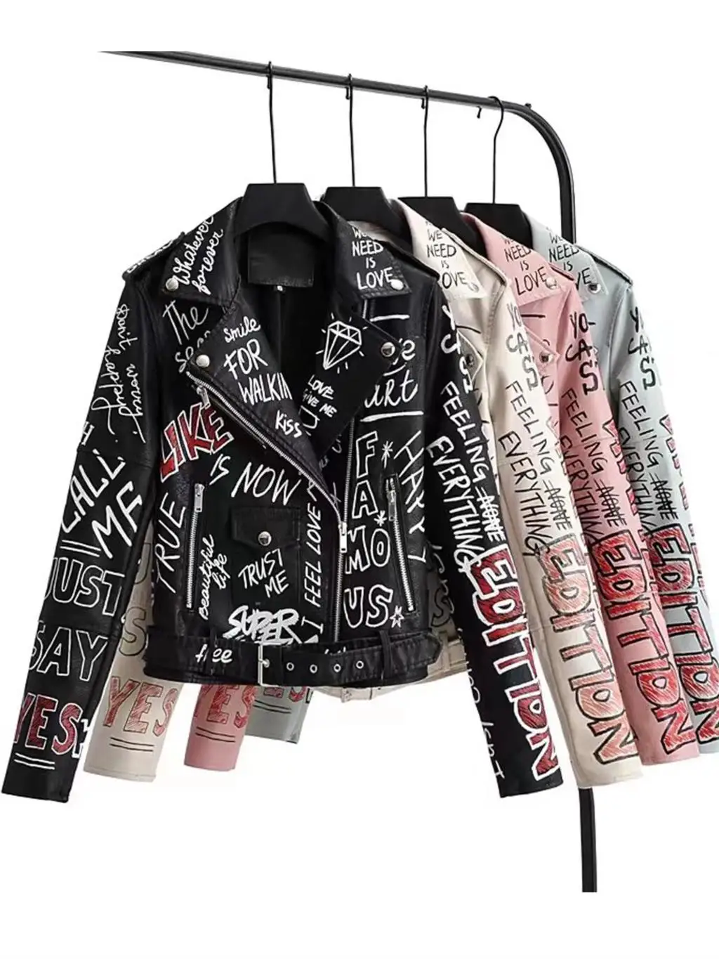 New Spring Autumn Women Winter Faux Soft Leather Jackets Coats Lady Pink PU Rivet Zipper Epaulet 3D print Motorcycle Streetwear
New Spring Autumn Women Winter Faux Soft Leather Jackets Coats Lady Pink PU Rivet Zipper Epaulet 3D print Motorcycle Streetwear