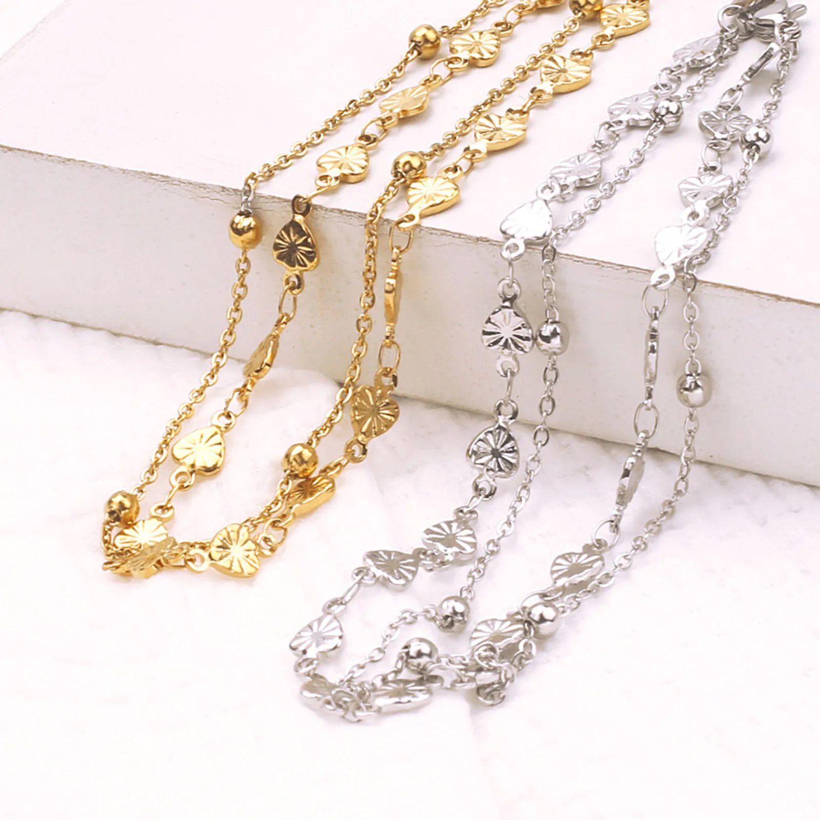 

1PC Stainless Steel Heart Link Chain Multilayer Layered Anklet Women Summer Barefoot Beach Jewelry Foot Chain 24cm(9 4/8") Long