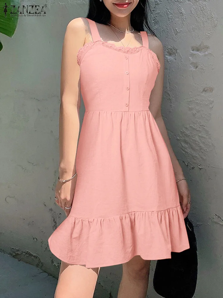 

Женское летнее платье-комбинация ZANZEA в Корейском стиле без рукавов с оборками на подоле, повседневное мини-платье на бретелях, сексуальное праздничное пляжное платье с кружевной отделкой