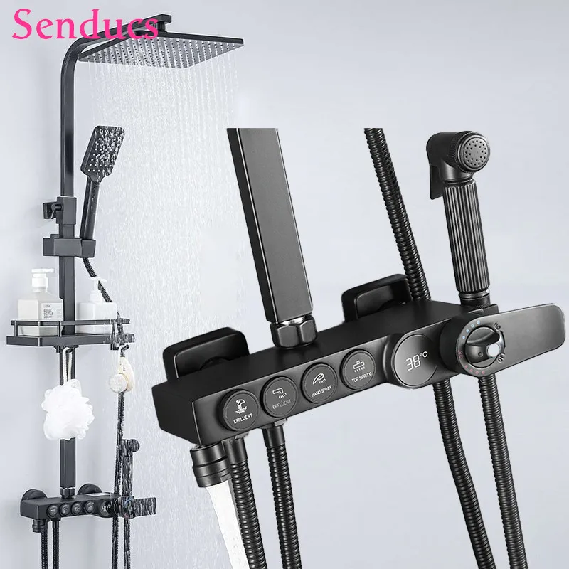 Hot Cold Shower System Bathroom Shower Set Matt Black Digital Bath Faucets Wall-mounted Thermostatic Bathroom Shower System Sets
Hot Cold Shower System Bathroom Shower Set Matt Black Digital Bath Faucets Wall-mounted Thermostatic Bathroom Shower System Sets