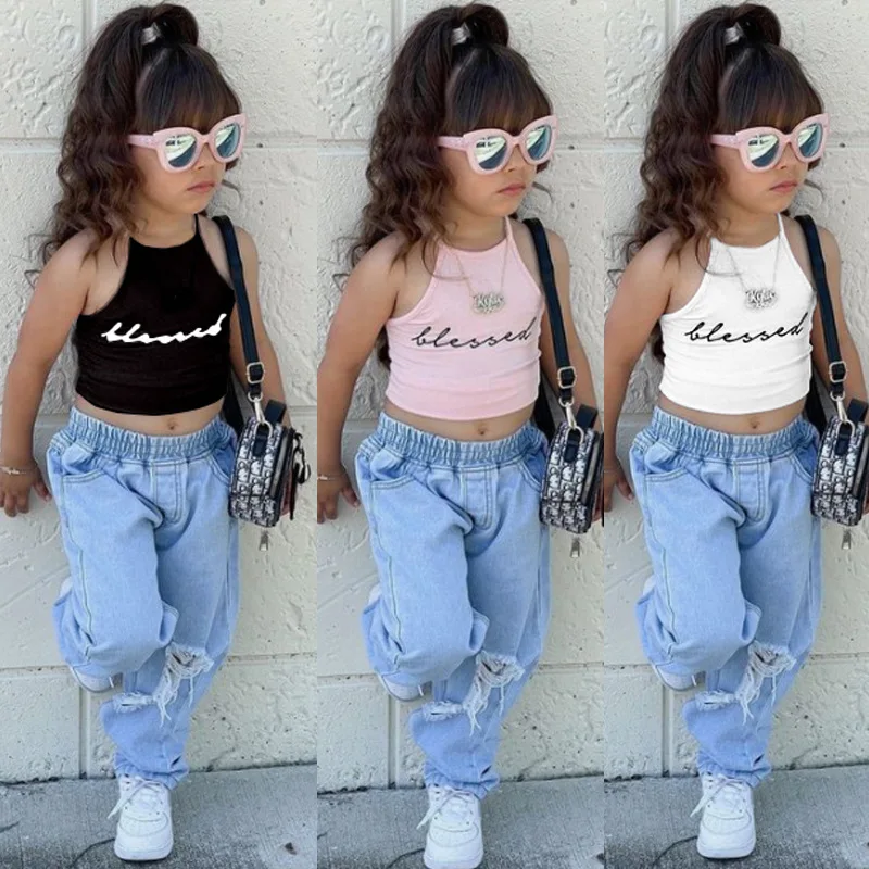 Qunq Girl Letter Printing Sleeveless Pullover Vest Top And Jeans Ripped Child Two Piece Set Casual Sport Kids Clothes Age 3T-8T
Qunq Girl Letter Printing Sleeveless Pullover Vest Top And Jeans Ripped Child Two Piece Set Casual Sport Kids Clothes Age 3T-8T