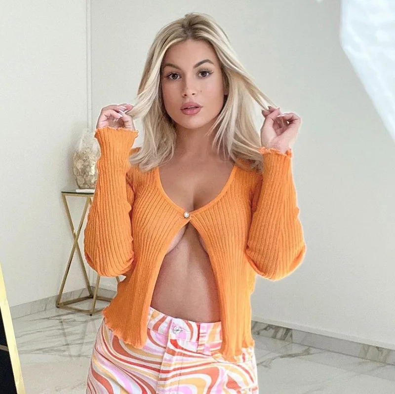 Женский однотонный кардиган с круглым вырезом, длинным рукавом и открытым пупком, повседневный топ на одной пуговице, осень 2023 
Женский однотонный кардиган с круглым вырезом, длинным рукавом и открытым пупком, повседневный топ на одной пуговице, осень 2023