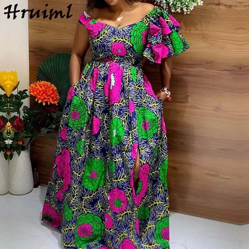 

Summer Dress Short Sleeve Off Shoulder Africa Style Print Fashion Dresses for Women 2022 Big Swing Hem Split Party ALine Dresses