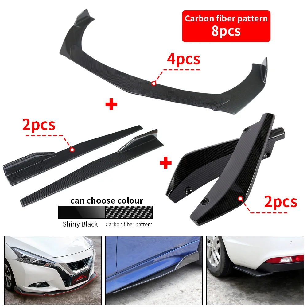8pcs Universal Glossy Black Carbon Fiber Black Front Bumper Spoiler Body Kit Side Skirt Rear Lip Hight Quality ABS Plastic 
8pcs Universal Glossy Black Carbon Fiber Black Front Bumper Spoiler Body Kit Side Skirt Rear Lip Hight Quality ABS Plastic