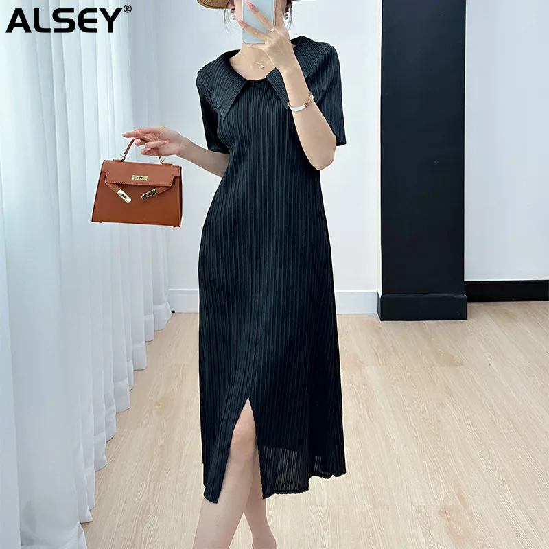 

ALSEY Miyake Women's Pleated Dress Youthful Girl Feeling Solid Color Elegant Aesthetic Lapel Slit Peplum Dress 2023 Summer New