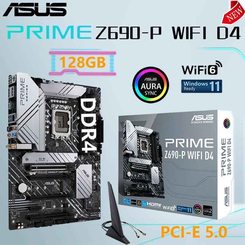 

LGA 1700 ASUS PRIME Z690-P WIFI D4 Mainboard DDR4 5333（OC）MHz 128GB PCI-E 5.0 M.2 Support Intel 12th CPU RGB ATX Motherboard New