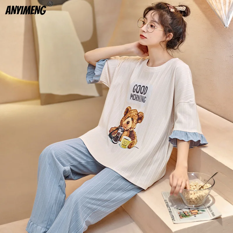 New Trendy Summer Pajama Sets for Women Cute Good Morning Bear Printing Sleepwear for Young Girls Soft Cotton Loose Loungewear
New Trendy Summer Pajama Sets for Women Cute Good Morning Bear Printing Sleepwear for Young Girls Soft Cotton Loose Loungewear