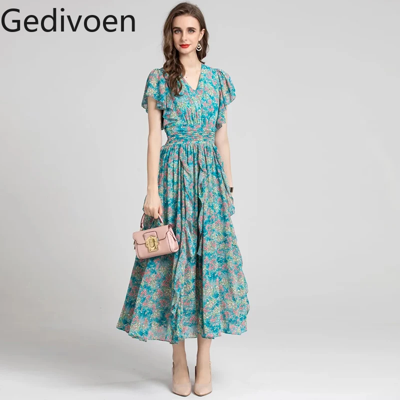 Gedivoen Fashion Designer dress Summer Women Dress V-neck Butterfly sleeves Elastic Waist Floral print Ruffles Vintage Dresses
Gedivoen Fashion Designer dress Summer Women Dress V-neck Butterfly sleeves Elastic Waist Floral print Ruffles Vintage Dresses