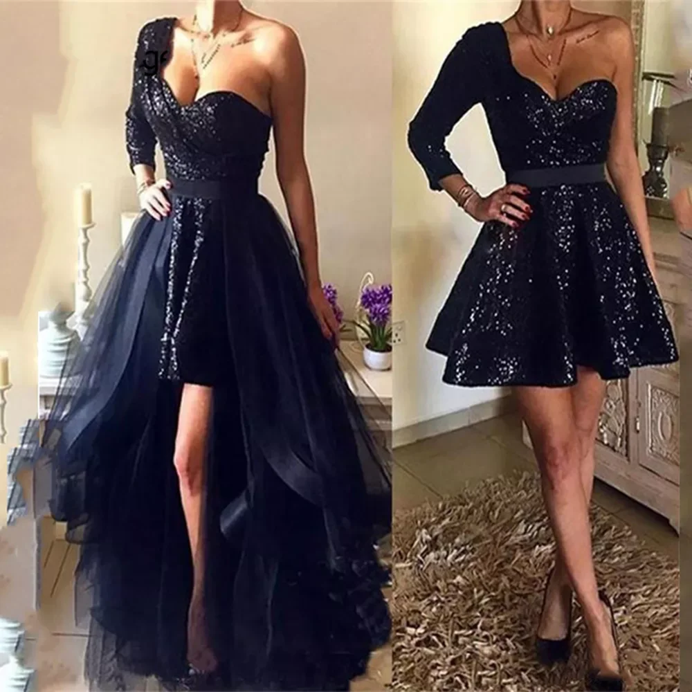 

Black Elegant Prom Dresses Sequined One Shoulder Overskirt With Detachable Train Formal Evening Gown Custom Vestidos De Gala