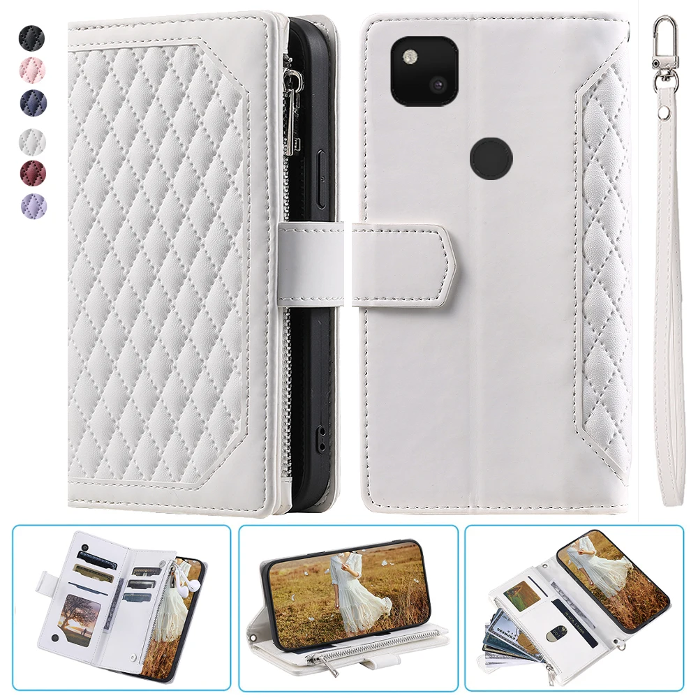 

Google Pixel 4A 4G Fashion Small Fragrance Zipper Wallet Leather Case Flip Cover Multi Card Slots Cover Folio with Wrist Strap