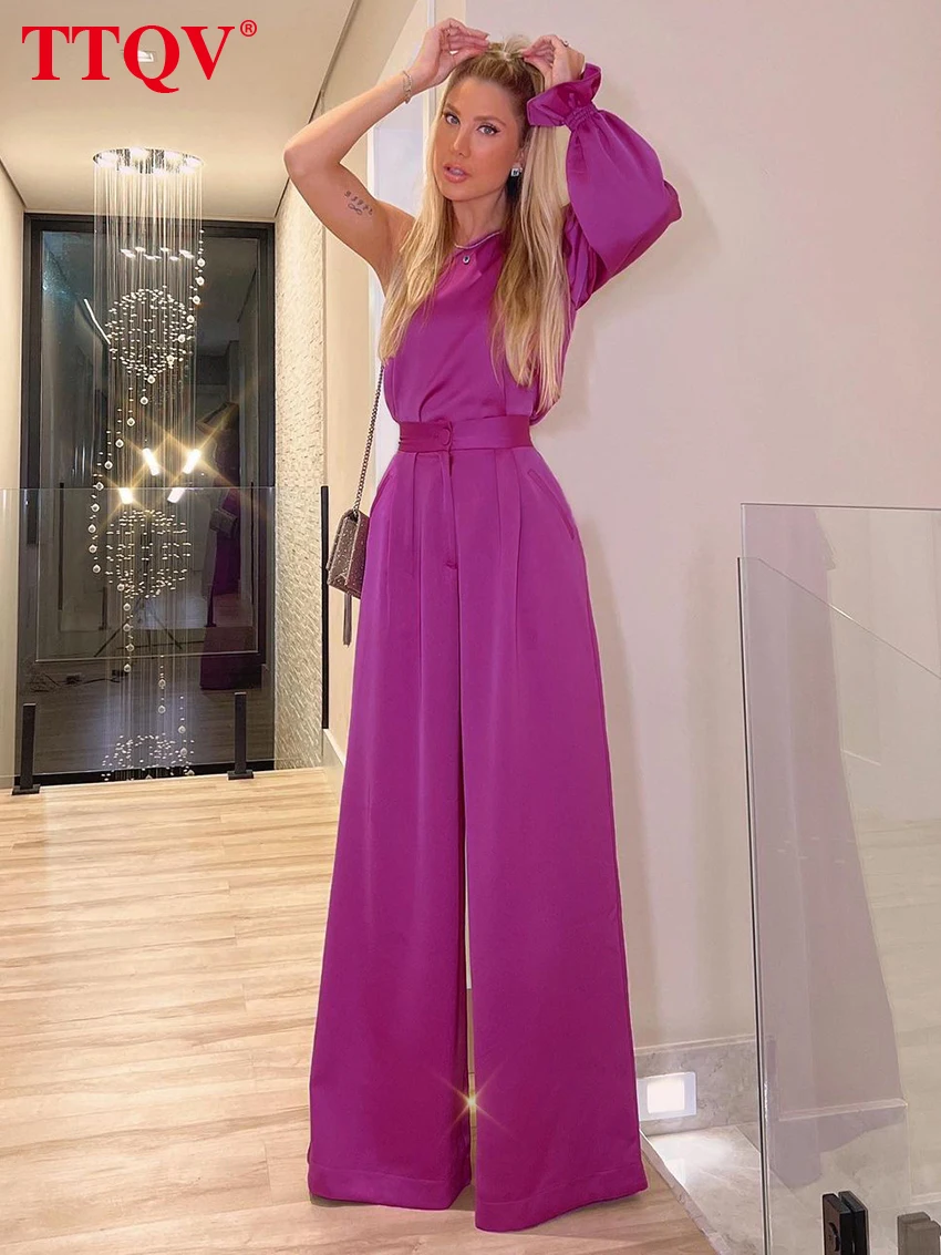 

Комплект одежды TTQV женский из двух предметов, модный атласный фиолетовый однотонный топ на одно плечо и свободные широкие брюки с завышенной талией, на весну