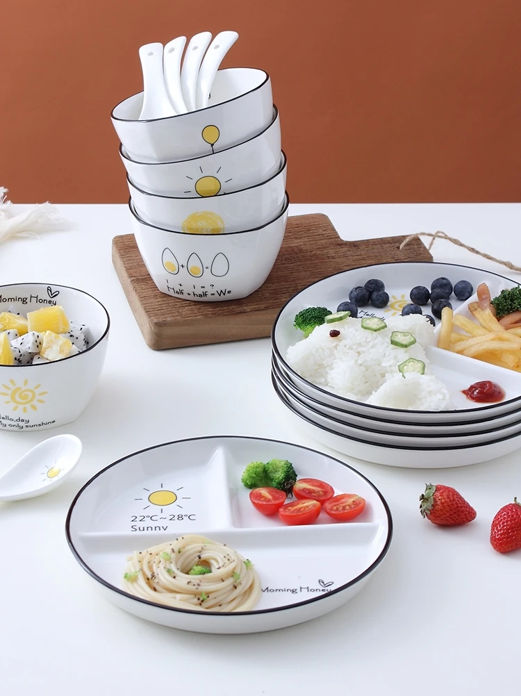 

Домашняя посуда для завтрака для одного человека детская керамическая тарелка для похудения тарелка с тремя отделениями