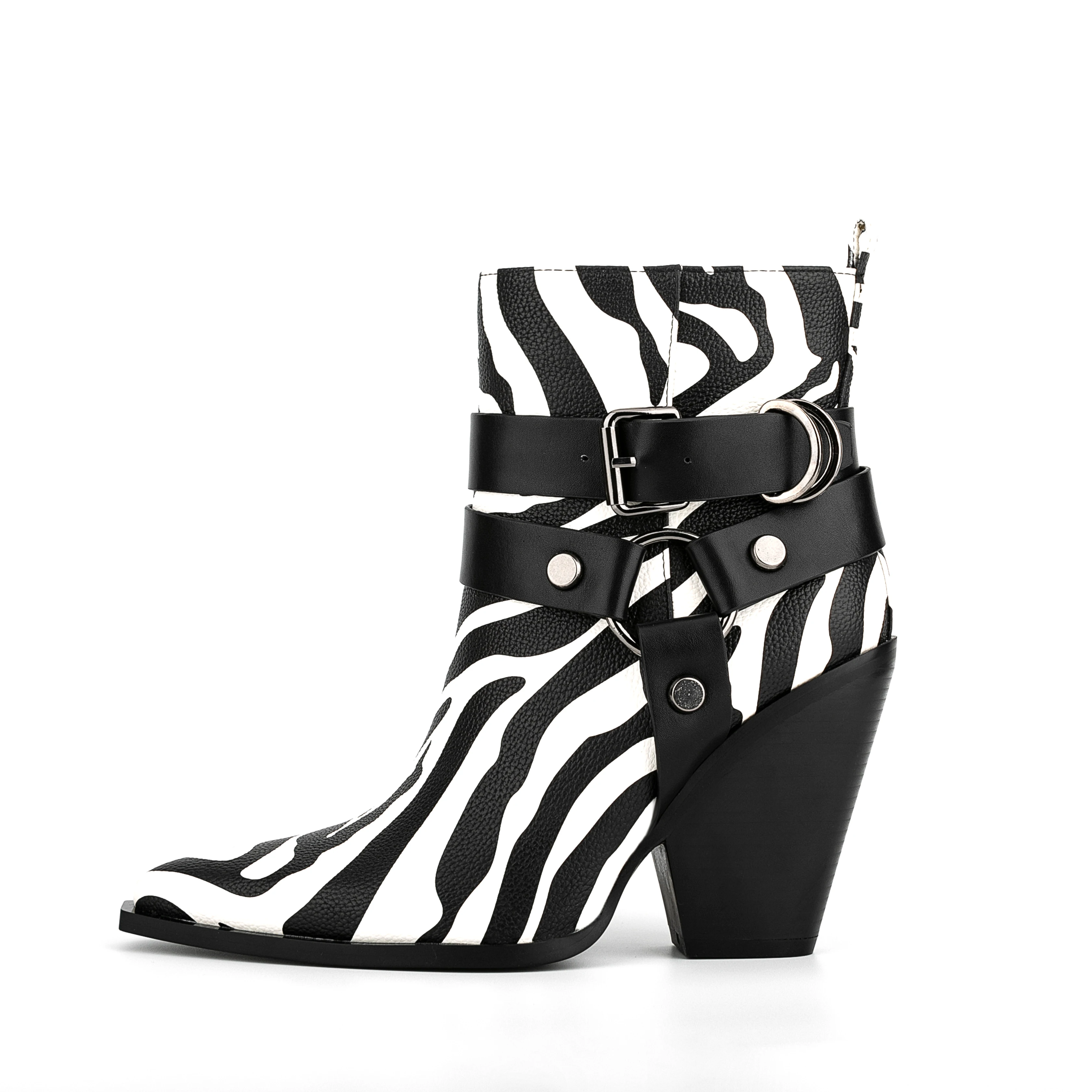 

Zebra Print Chunky Heel Ankle Boots Pointed Toe Belt Buckle Short Booties Four Seasons Silp On Chelsea Botines Women Shoes