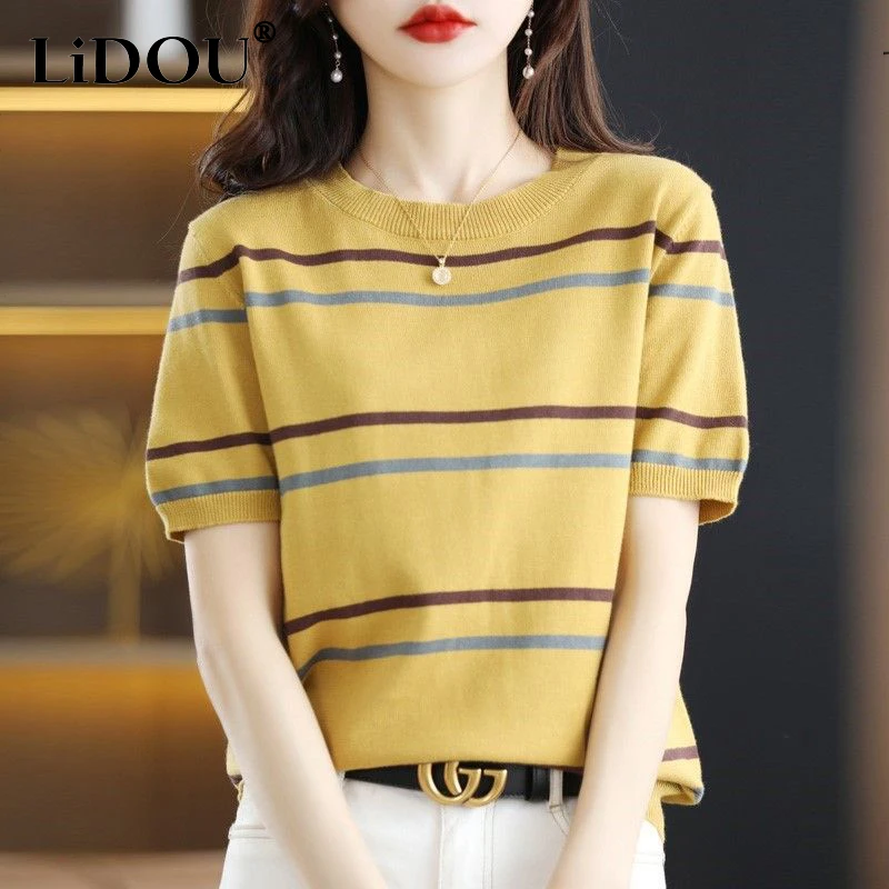 Summer New Round Neck Striped Short Sleeve Knitting T-shirt Women Casual Fashion Loose All-match Pullover Jumper Tee Female Top
Summer New Round Neck Striped Short Sleeve Knitting T-shirt Women Casual Fashion Loose All-match Pullover Jumper Tee Female Top