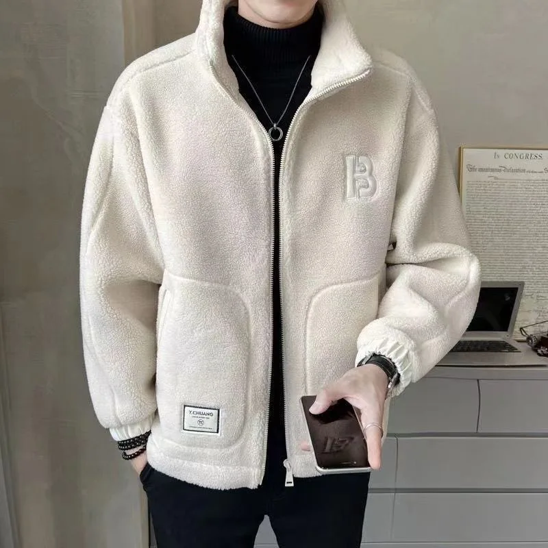 

Мужская осенне-зимняя куртка из овечьей шерсти с воротником-стойкой, мужской свитер с вышивкой, цельное флисовое пальто из овечьей шерсти, 2324