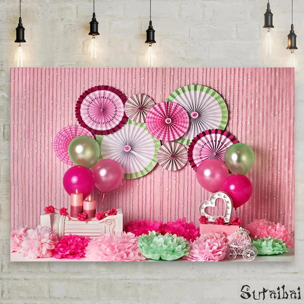 

Pink Balloon Flowers Photocall Newborn Baby 1st Birthday Cake Smash Party Photography Backdrop Girls Photographic Backgrounds