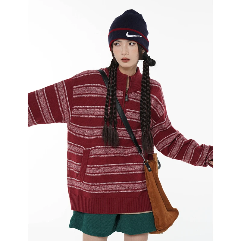 

Женский трикотажный свитер в полоску, красный Свободный пуловер контрастной расцветки на молнии, с застежкой-молнией, в винтажном стиле, дл...