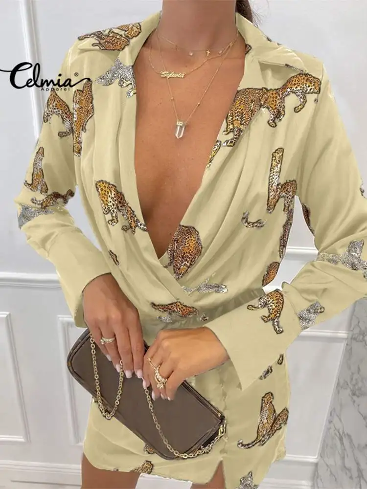 Celmia Sexy Lapel Long Sleeve Vestidos Fashion Women Leopard Tiger Printed Mini Dress 2022 Elegant Buttons Hem Slit Party Robes
Celmia Sexy Lapel Long Sleeve Vestidos Fashion Women Leopard Tiger Printed Mini Dress 2022 Elegant Buttons Hem Slit Party Robes