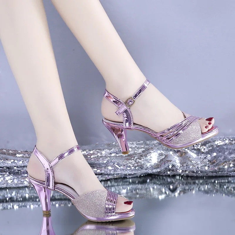 

Women Sandals Peep Toe 2023 Modern Sandals Square Heel Rhinestone Fashion Heels High Heels Purple Women Shoes Dames Muiltjes