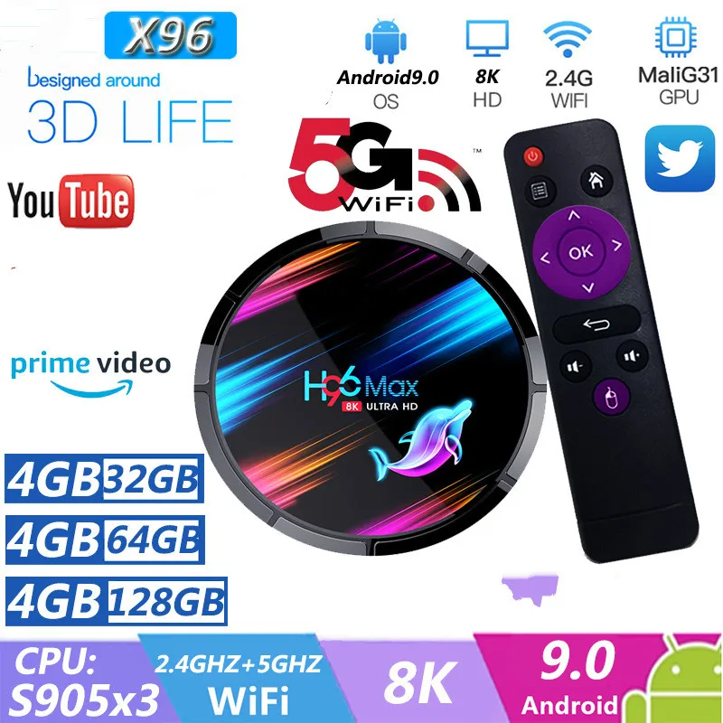H96 MAX 8K 4K TV Box Android 9.0 Amlogic S905X3 Smart TV BOX 4GB 128GB Dual Core Set Top Box Wifi 2.4G 5.0G 1000M Media Player
H96 MAX 8K 4K TV Box Android 9.0 Amlogic S905X3 Smart TV BOX 4GB 128GB Dual Core Set Top Box Wifi 2.4G 5.0G 1000M Media Player