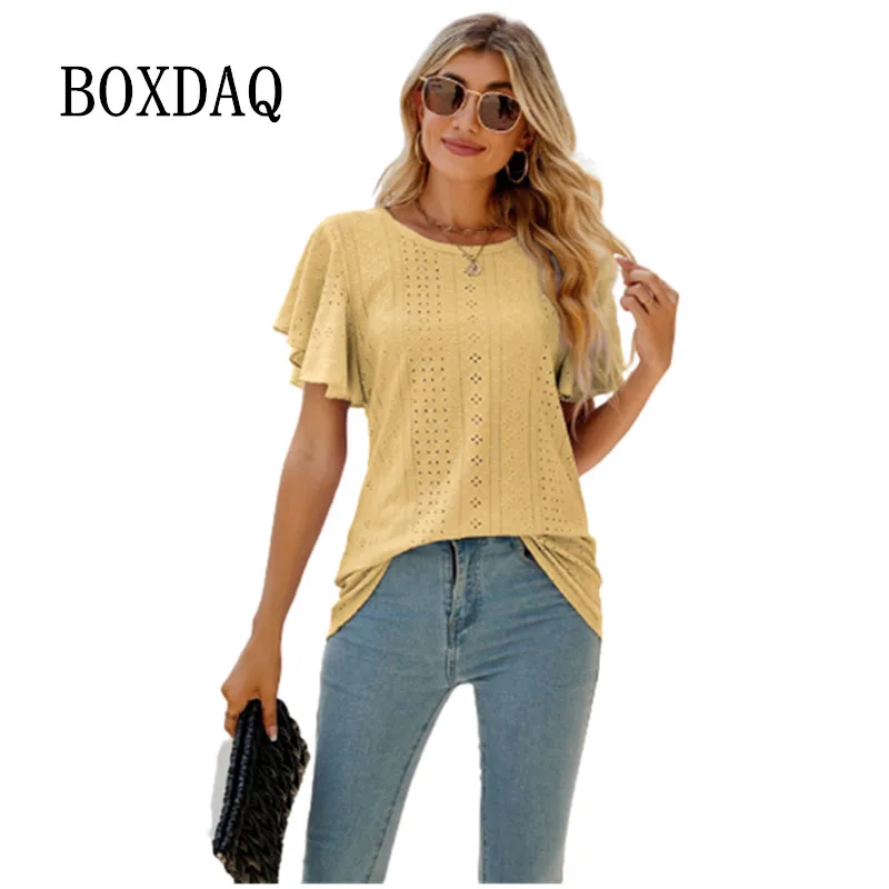 Casual Hole Hollow Blouses Women Summer Loose Solid Color Jacquard Top Elegant Sweet Fashion Women Ruffled Short-Sleeve Shirts
Casual Hole Hollow Blouses Women Summer Loose Solid Color Jacquard Top Elegant Sweet Fashion Women Ruffled Short-Sleeve Shirts
