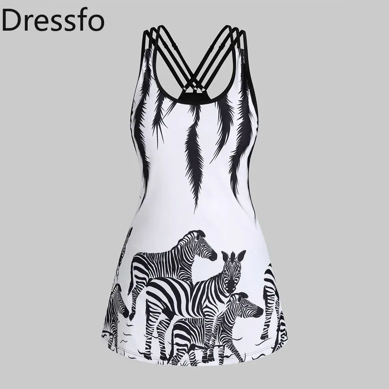 

Dressfo Modest Tankini Swimsuit Zebra Animal Print Two Piece Cheeky Strappy Swimwear Set Women Bathing Bikini Beachwear 2023