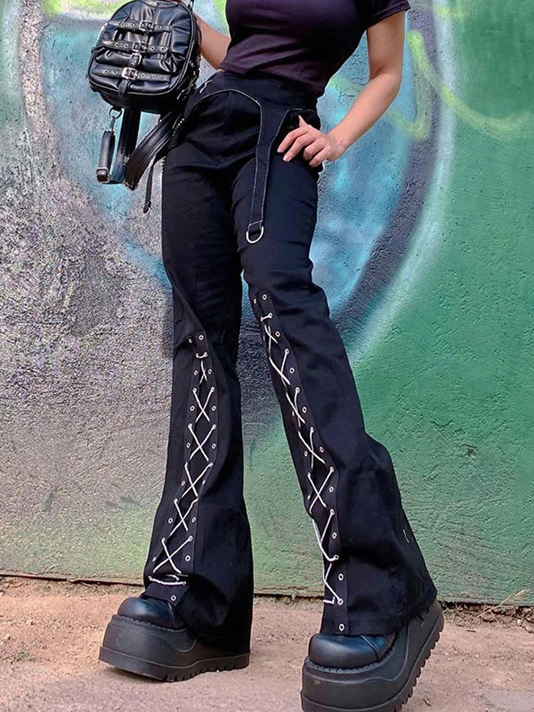 Sifreyr Black Gothic Flared Cargo Pants Girl Harajuku Eyelet Tie Up Punk Style Joggers Dark Academic Grunge Women Sweatpants Y2K
Sifreyr Black Gothic Flared Cargo Pants Girl Harajuku Eyelet Tie Up Punk Style Joggers Dark Academic Grunge Women Sweatpants Y2K