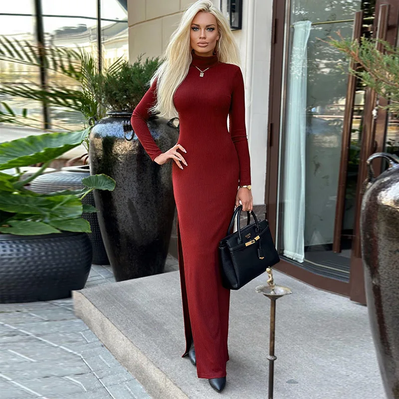 Women's Dresses Autumn New Solid Rib Long Sleeve Traf Dress High Neck Side Split Slim Fit Evening Dress Long Vent Woman Clothing
Women's Dresses Autumn New Solid Rib Long Sleeve Traf Dress High Neck Side Split Slim Fit Evening Dress Long Vent Woman Clothing