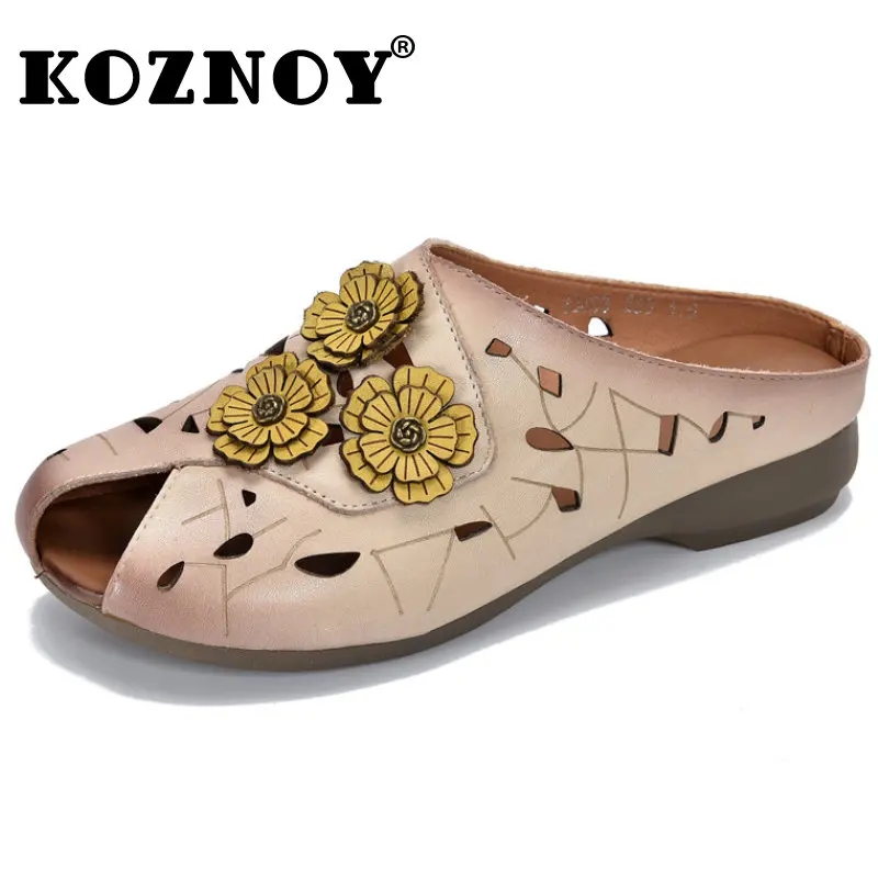 

Koznoy 2cm Platform Comfy Ladies Fashion Cow Genuine Leather Women Summer Hollow Slippers Ethnic Flats Appliques Flower Shoes