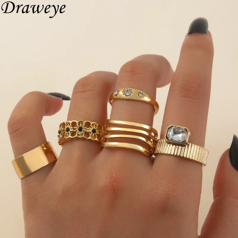 

Кольца Draweye с цветами для женщин, геометрический хип-хоп, металл, золотой цвет, винтажные женские кольца, простой Панк стиль, ажурные ювелирн...