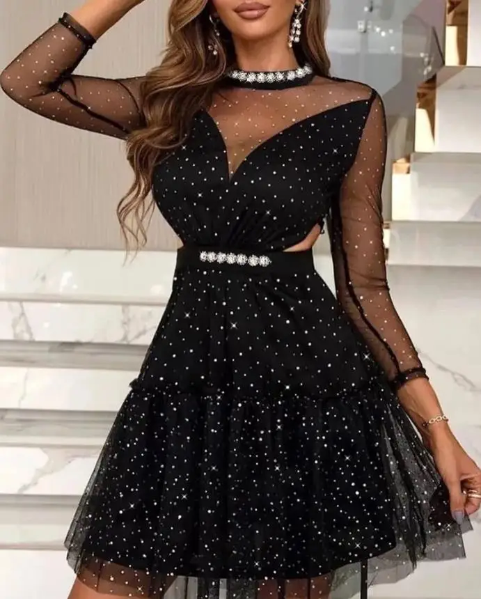 

Women's Elegant Dress A Line Contrast Mesh Frill Hem Polka Dot Pattern Party Dress & Mock Neck Mini Long Sleeve Dress