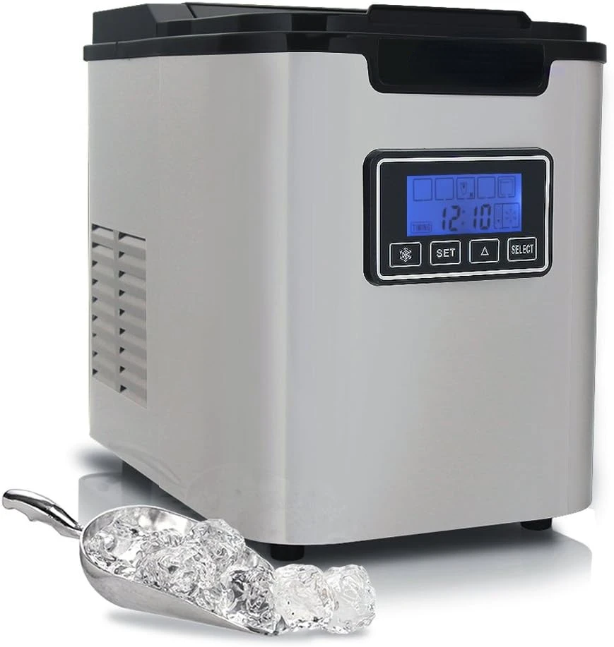 

Digital Ice Maker Machine - Portable Stainless Steel, Stain Resistant Countertop w/Built-In Freezer, Over-Sized Ice Bucket Ice M