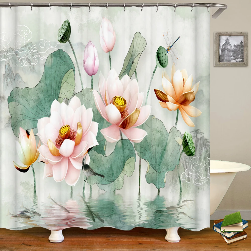 

Beautiful Colorful Lotus Flower Floral Printed Shower Curtains Frabic Waterproof Polyester Bath Curtain with Hooks 180x180cm