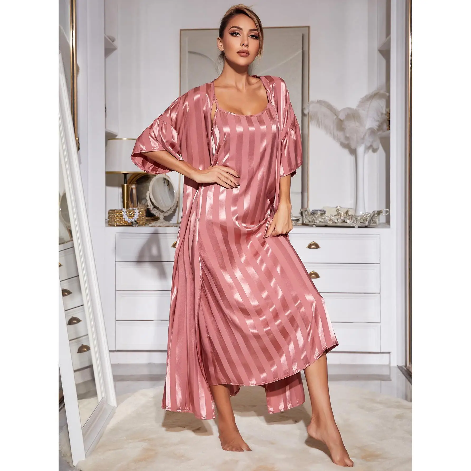 2pcs Stain Pajamas for Women Bathrobe Half Sleeve Nightgown Sling Sleeveless Nightdress Maxi Dress Women's Sleepwear Sets Pjs
2pcs Stain Pajamas for Women Bathrobe Half Sleeve Nightgown Sling Sleeveless Nightdress Maxi Dress Women's Sleepwear Sets Pjs