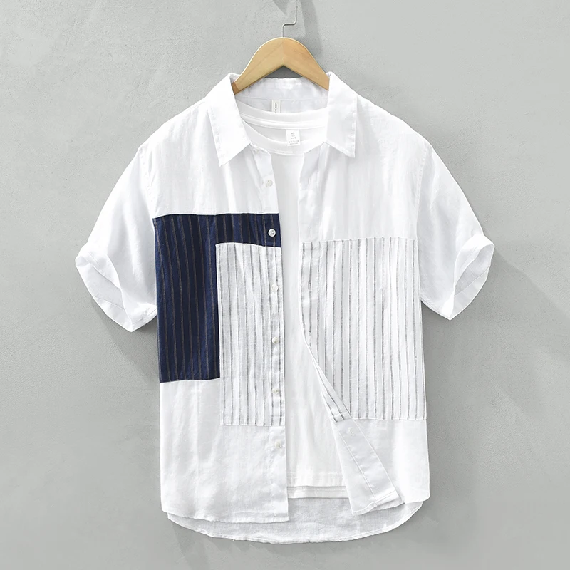 Pure Linen Striped Patchwork Short Sleeve Shirt for Men Fashion Breathable Tops 2023 Summer New
Pure Linen Striped Patchwork Short Sleeve Shirt for Men Fashion Breathable Tops 2023 Summer New