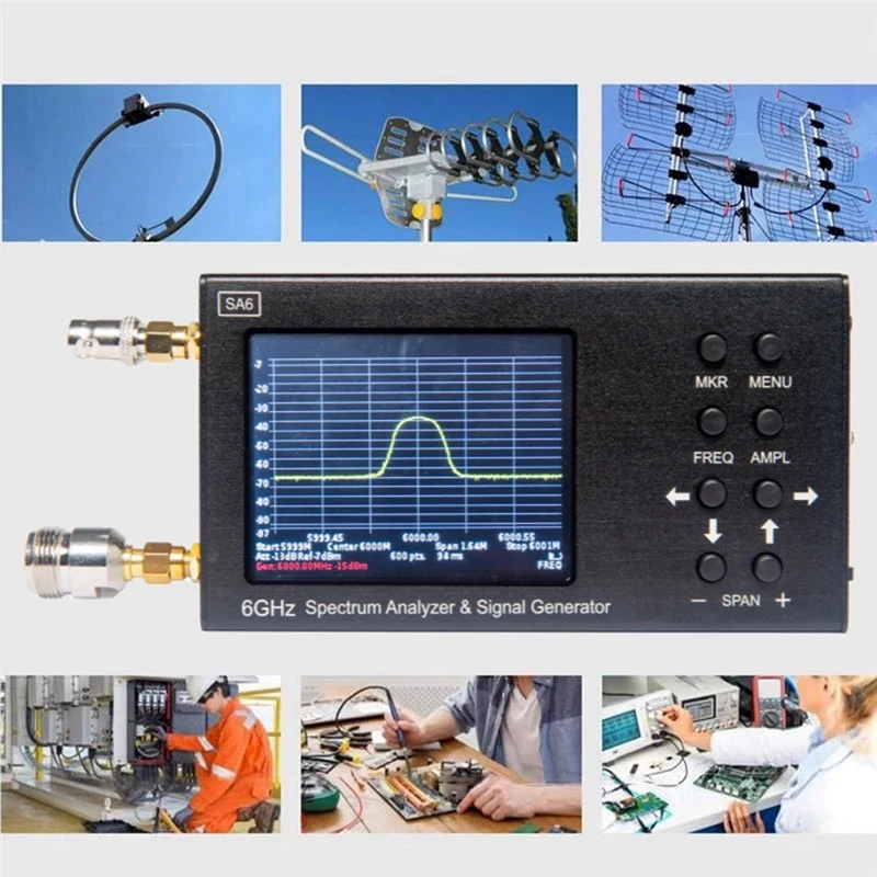 SA6 6G Spectrum Analyzer 3.2 Inch Touch Color Screen 2500MA Wifi CDMA 35-6200Mhz Wireless Signal Generator Tester
SA6 6G Spectrum Analyzer 3.2 Inch Touch Color Screen 2500MA Wifi CDMA 35-6200Mhz Wireless Signal Generator Tester