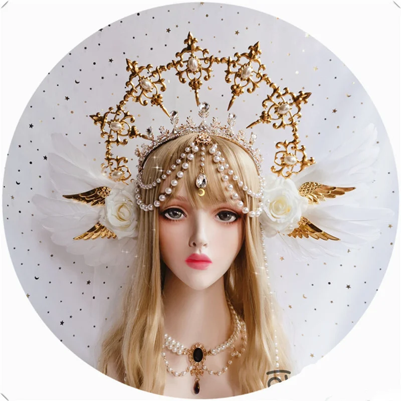 

Lolita Goddess Costume KC Headband Angel Gold Goddess Headpiece Virgin Mary Halo Bride Crown Bead Chain Baroque Tiara Headwear