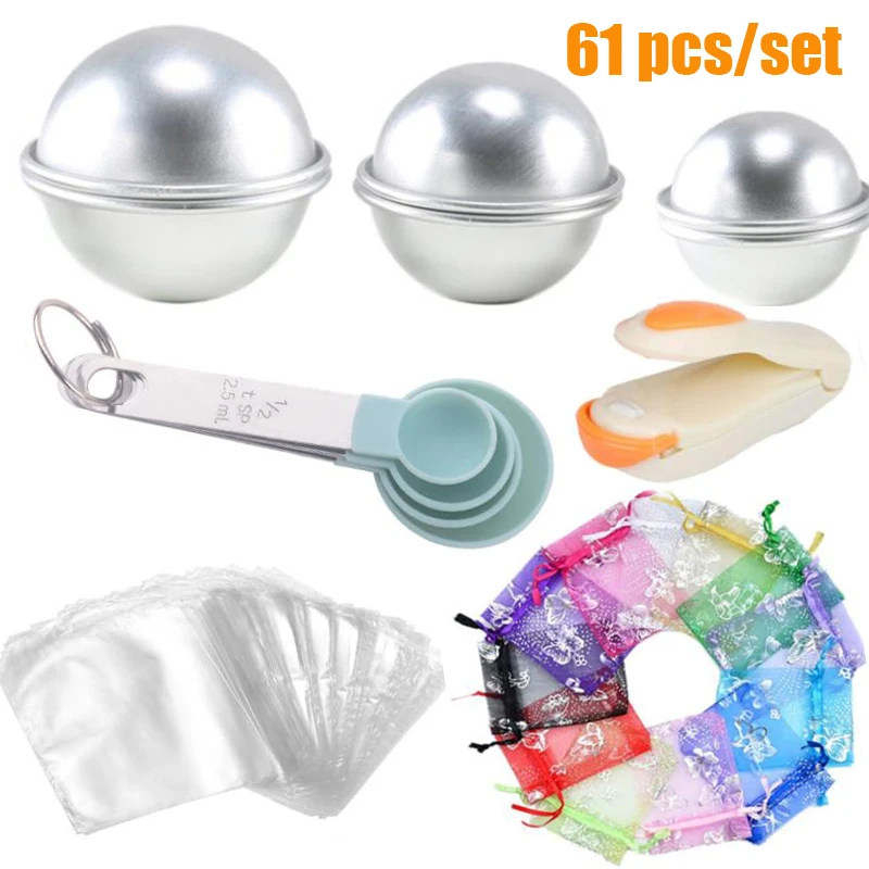 61pcs/set Bath Bomb Molds Set 1pc Mini Heat Sealer 4pcs Spoons 25pcs Gift Bags 25pcs Shrink Wrap Bags 6Pcs of DIY Metal Mould
61pcs/set Bath Bomb Molds Set 1pc Mini Heat Sealer 4pcs Spoons 25pcs Gift Bags 25pcs Shrink Wrap Bags 6Pcs of DIY Metal Mould