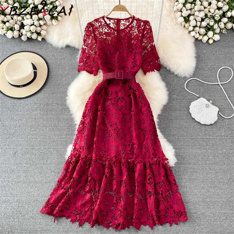 New Summer Cutout Lace Sexy Lady Long Dress Belt O Neck Short Sleeve High Waist A Line Skirt Beach Vacation Women Dress Fashion
New Summer Cutout Lace Sexy Lady Long Dress Belt O Neck Short Sleeve High Waist A Line Skirt Beach Vacation Women Dress Fashion