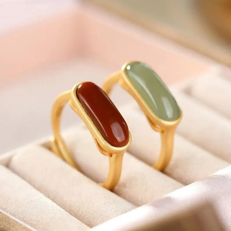 

S925 Sterling Silver Gray Jade South Red Ring Graceful and Fashionable Geometric Small Exquisite Bracelet Agate Simple Women's J