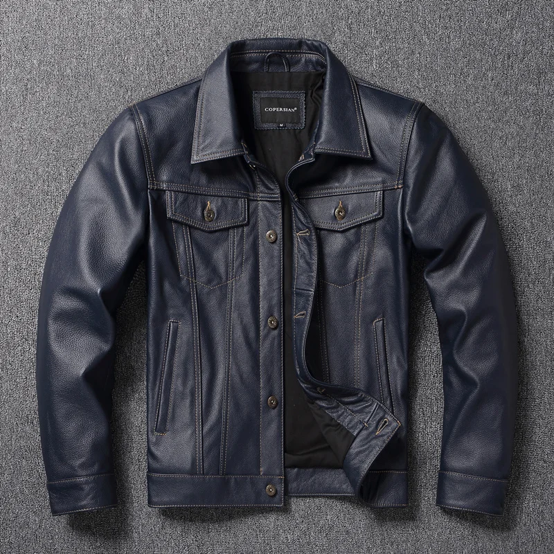 

Free shipping.Y2K brand new classic casual slim genuine leather coat.quality men fashion cowhide jacket.popular 557 style.