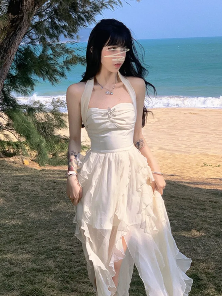 Женское асимметричное платье без рукавов, элегантное белое пляжное платье в Корейском стиле, модель Y2k на лето, 2023 
Женское асимметричное платье без рукавов, элегантное белое пляжное платье в Корейском стиле, модель Y2k на лето, 2023