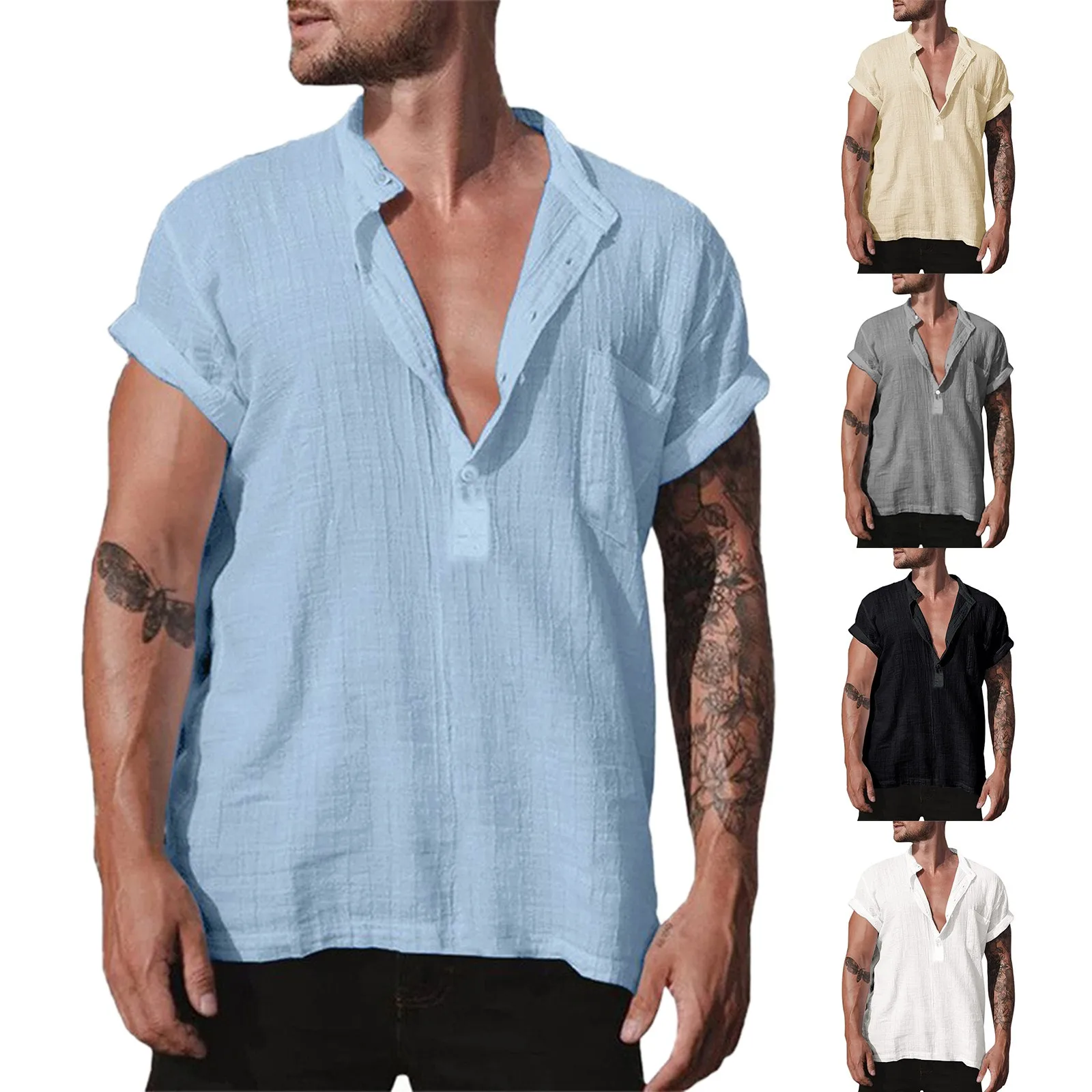 Men Linen Loose Shirts Stand Collar Solid Color Short Sleeve Pullovers Shirts Summer Male Beach Style Summer Oversized Shirts
Men Linen Loose Shirts Stand Collar Solid Color Short Sleeve Pullovers Shirts Summer Male Beach Style Summer Oversized Shirts