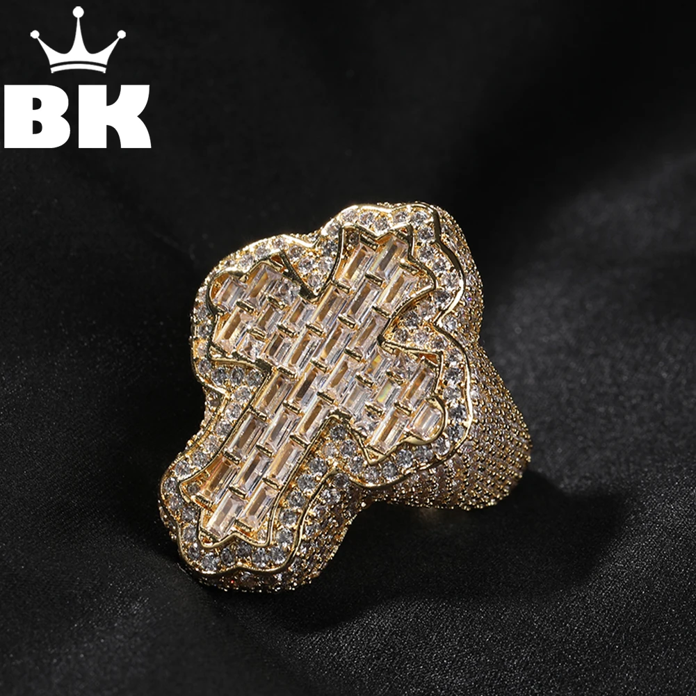 

Мужское кольцо с крестом THE BLING KING, кольцо с бриллиантом в виде багета, покрытое 18-каратным золотом, с цирконом, в стиле панк, роскошное Ювелирное Украшение в стиле хип-хоп, 5 А