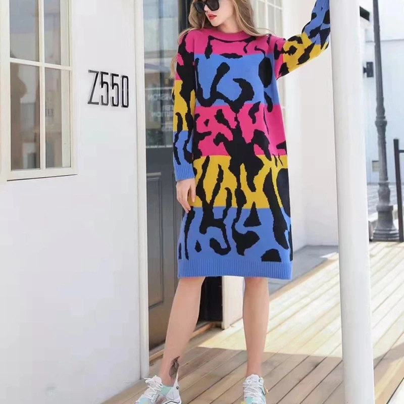 Women Long Knitted Sweater Autumn Dress Women Medium Length Personality Print skirt Sweater thickened Yarn-Dyed Jacquard Pullove
Women Long Knitted Sweater Autumn Dress Women Medium Length Personality Print skirt Sweater thickened Yarn-Dyed Jacquard Pullove